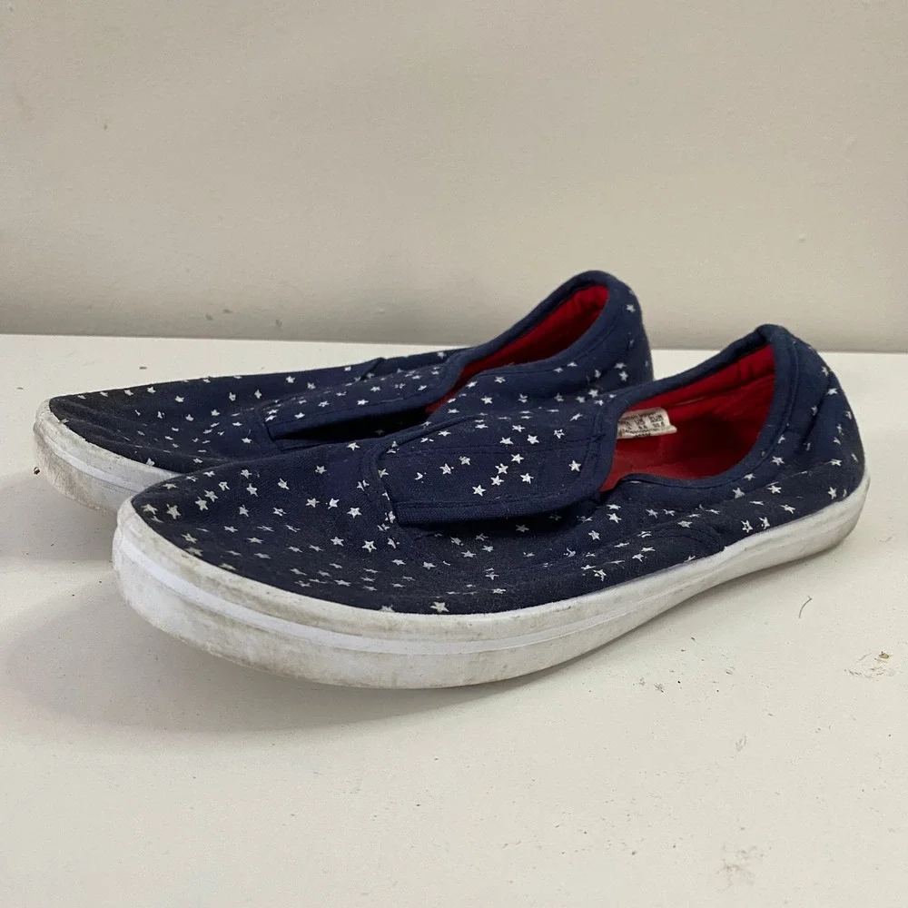 Basic‎ Editions Star Print Slip On Sneakers Womens 7 Navy Blue Canvas Flats